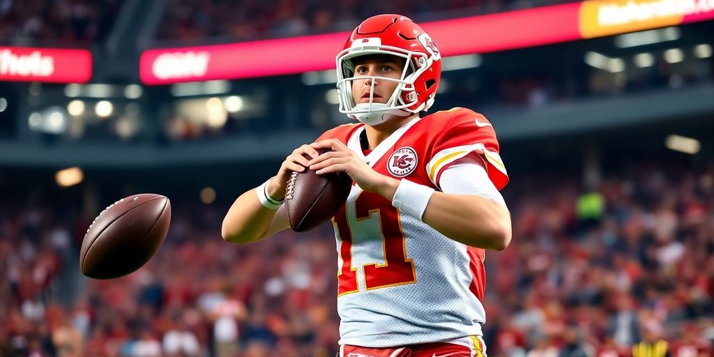 Patrick Mahomes throwing a football during a game.