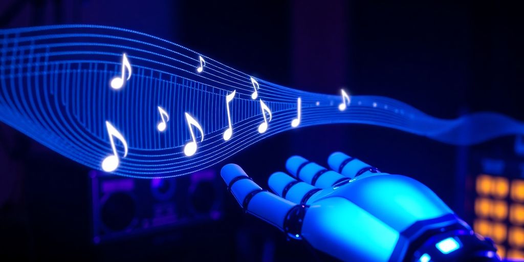 AI-generated sound waves, robot hand, musical notes.