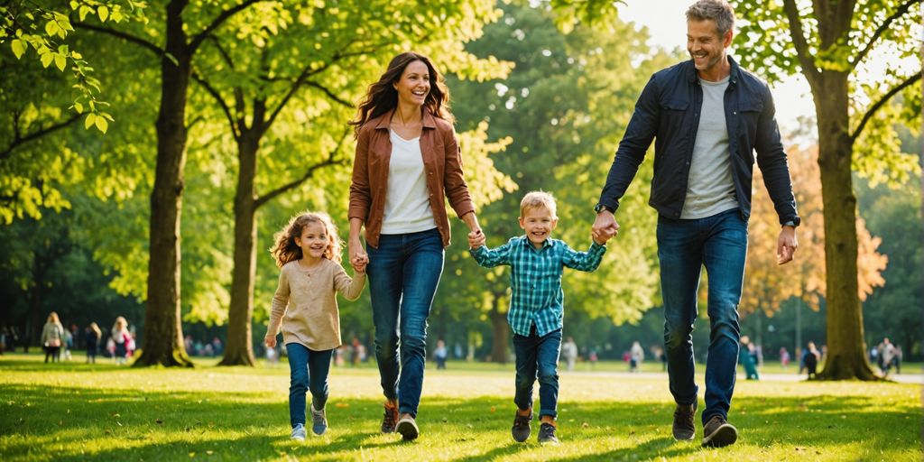 Healthy family enjoying outdoor activities in park.