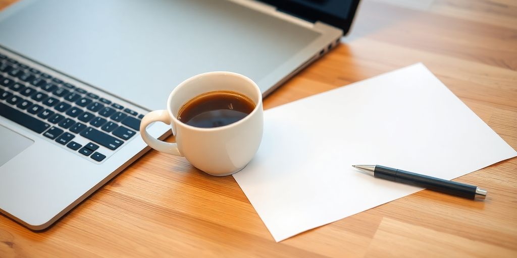 Workspace with laptop and coffee for writing cover letters.