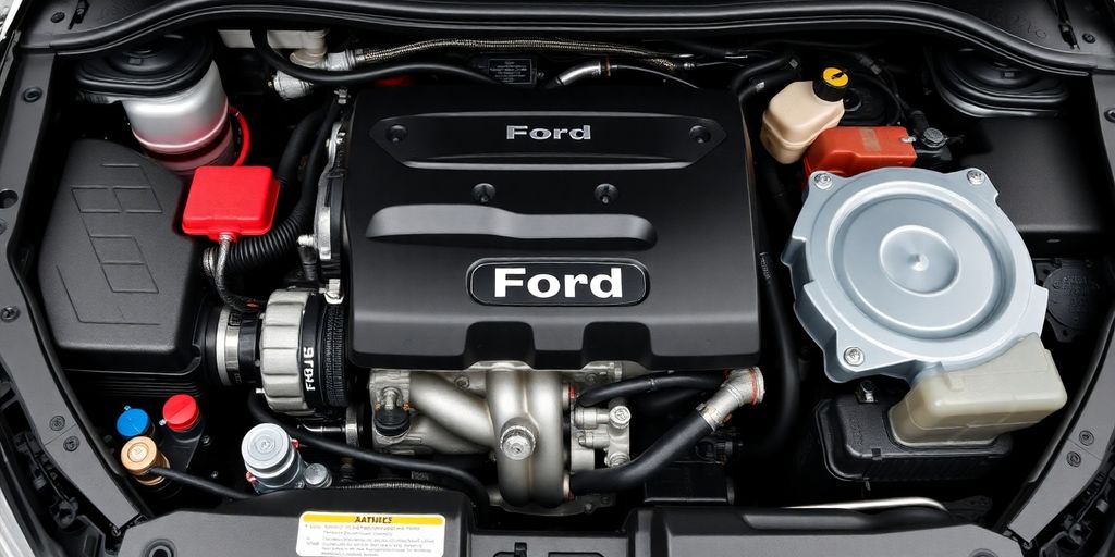 Ford vehicle engine bay with genuine parts installed.