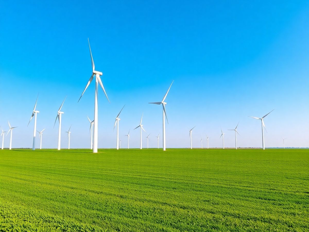 Turbine eoliene pe un câmp verde sub cerul albastru.