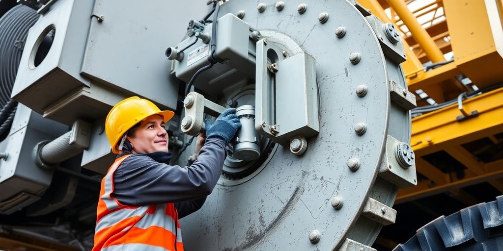 Crane technician working on heavy machinery.