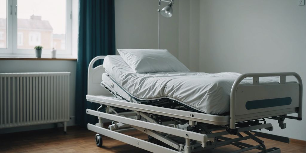 Hospital bed with a high-quality mattress in a clean, well-lit room, emphasizing comfort and hygiene.
