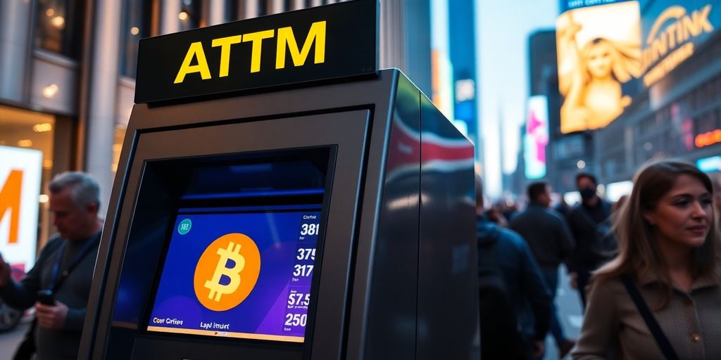 Best Bitcoin ATM to Find In The Most Reliable Locations in 2025 4 Bitcoin ATM in a bustling urban environment with pedestrians.