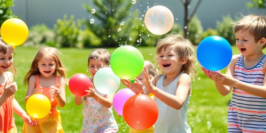 Bambini giocano con palloncini d'acqua colorati