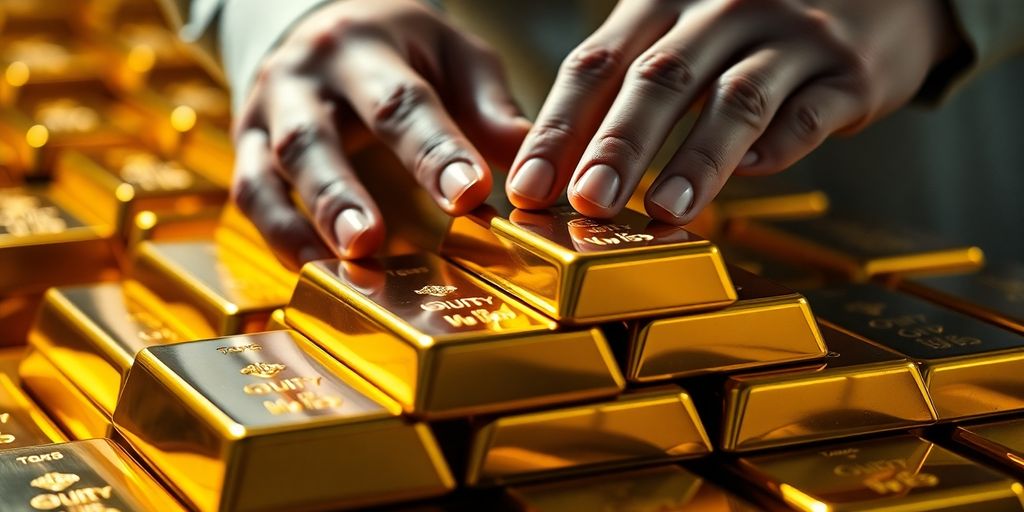 Lingots d'or brillants et mains expertes