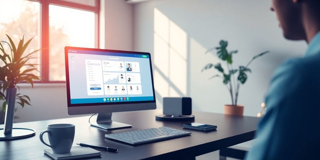 Modern office workspace with Intercom on computer screen.