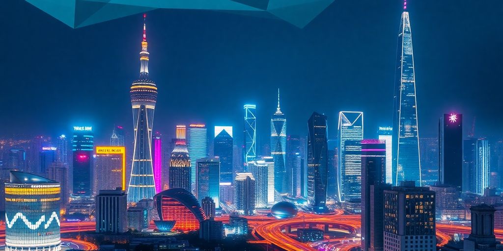 Futuristic city skyline at night with illuminated buildings.