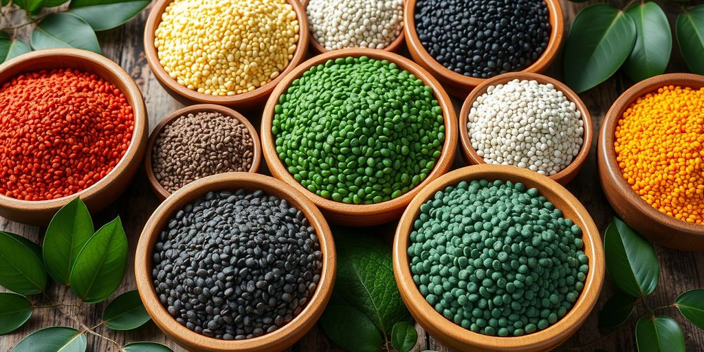 Colorful chia seeds in wooden bowls with green leaves.