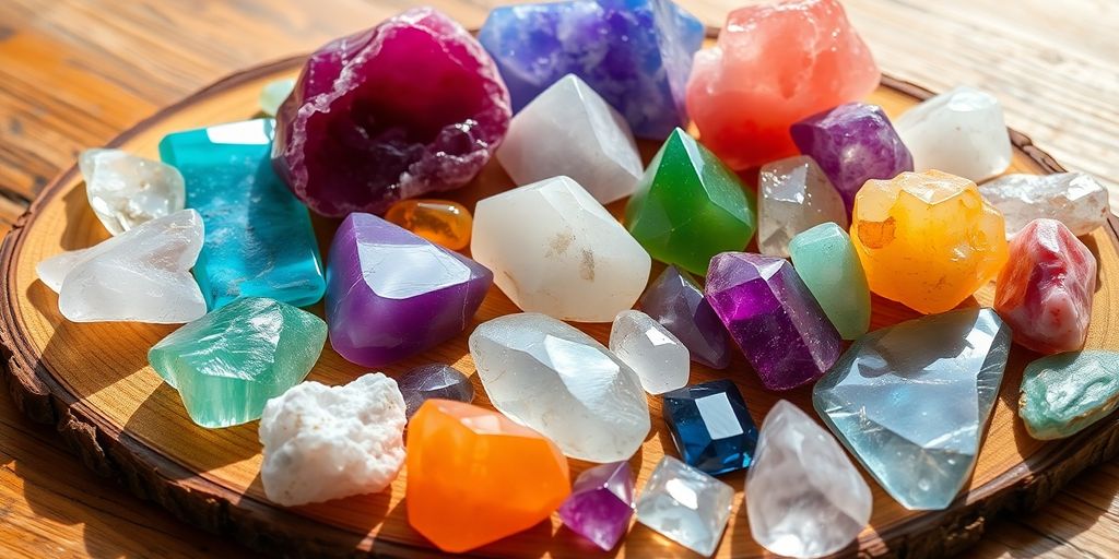 Varietà di cristalli colorati su una superficie di legno.