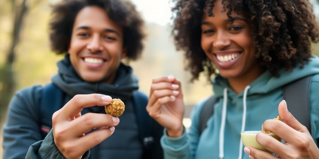 Two people eating energy bites, smiling, outdoors.
