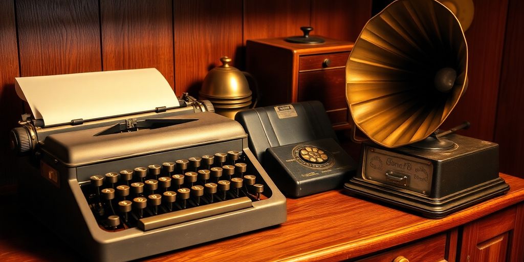 Vintage technology items on a wooden desk.