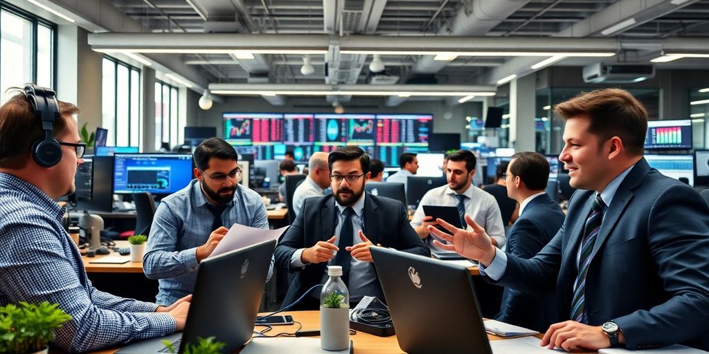 Traders collaborating in an energetic investment office environment.