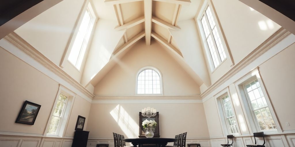 Sunlit dining room, high ceiling, elegant design.