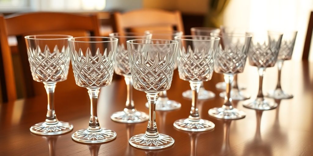 Sparkling cut glass water glasses on a dining table.
