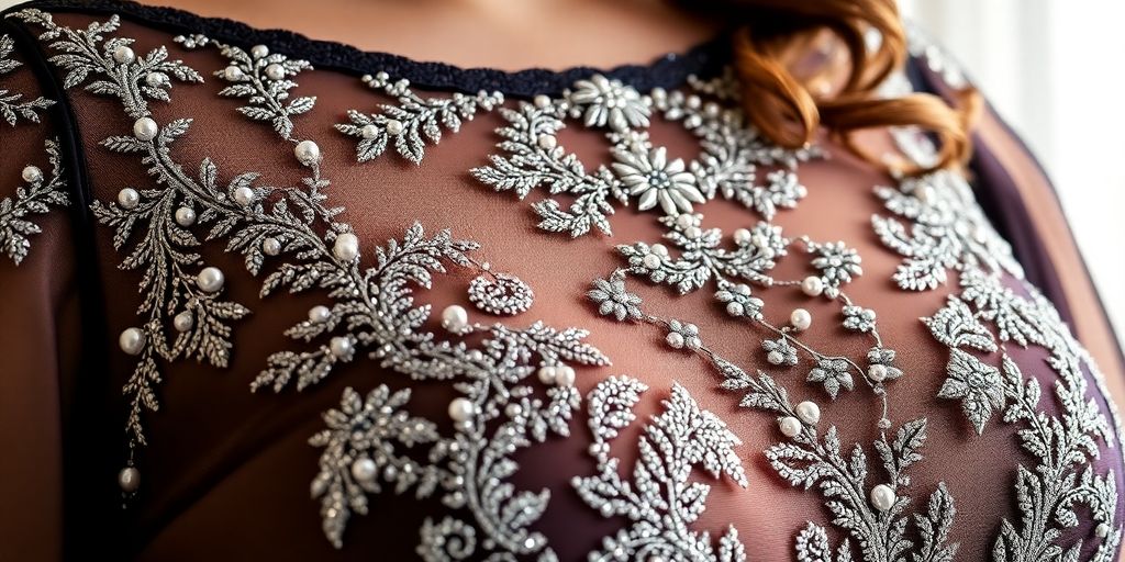 Close-up on the embellished bodice of a plus-size formal dress.