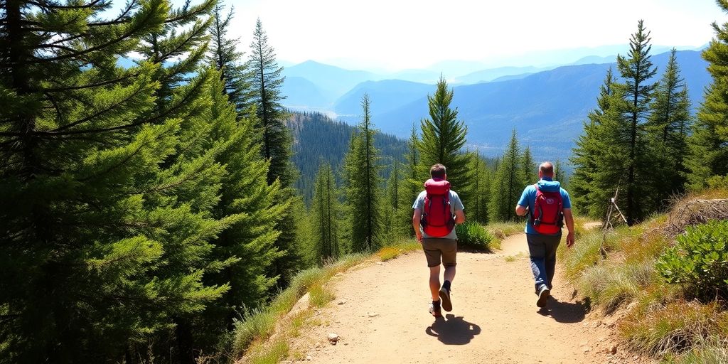 Hikers on a mountain trail, lush green trees.