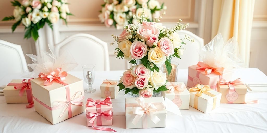 Elegant bridal shower gifts and floral decorations on table.