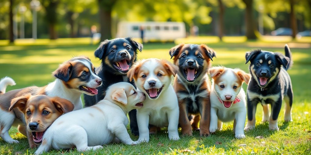 Puppies playing happily in a sunny park.