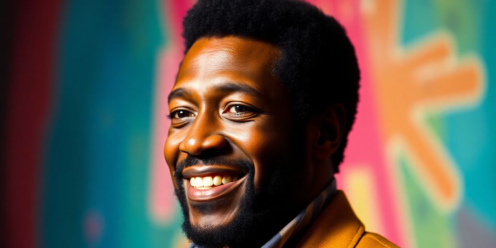 Portrait of Marvin Gaye with a colorful backdrop.