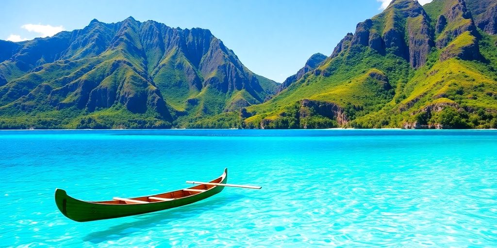 Turquoise lagoon with a lone outrigger canoe.