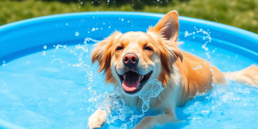 Happy dog splashing in a paddling pool.