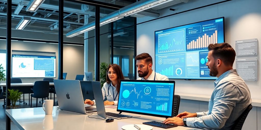 Profissionais de marketing digital em ambiente moderno.