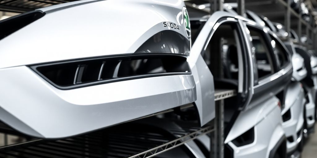Shining Skoda body parts arranged on a shelf