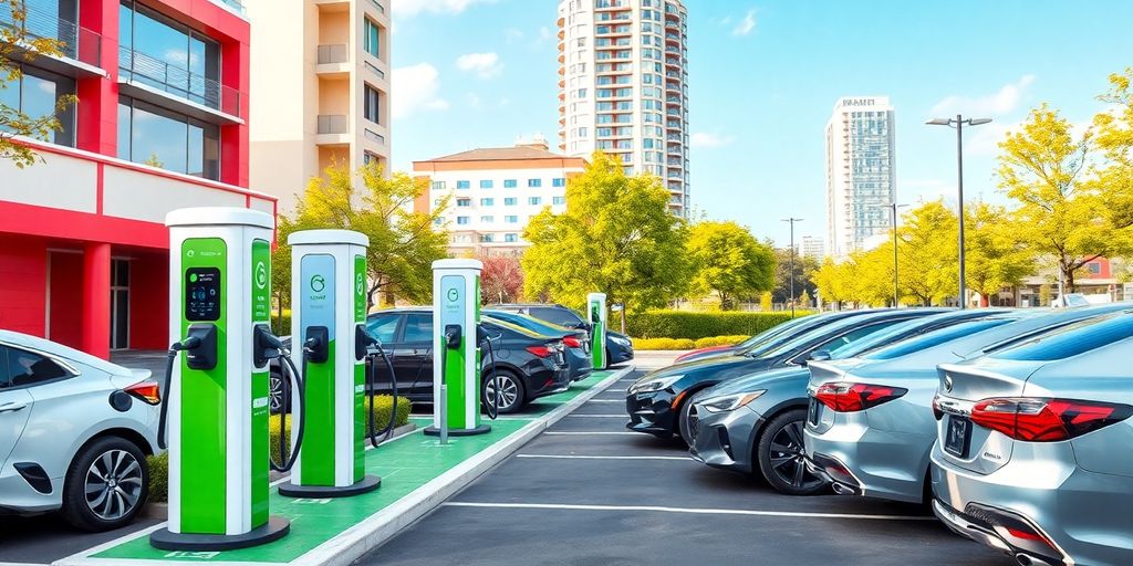 Electric vehicle charging station in a lively city setting.