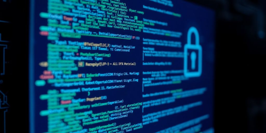 Computer screen with code and digital security elements.