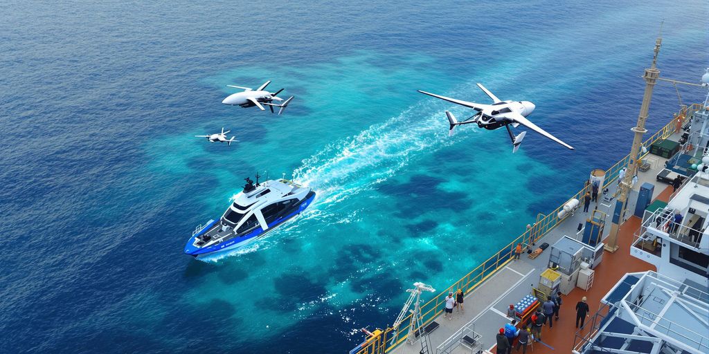 Futuristic ship with drones in vibrant maritime setting.