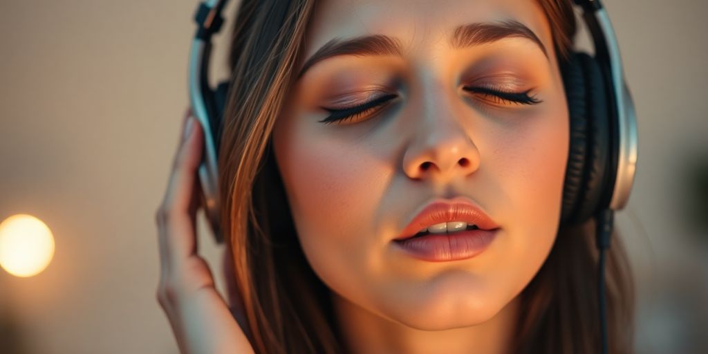 Woman practicing vocal exercises with headphones.