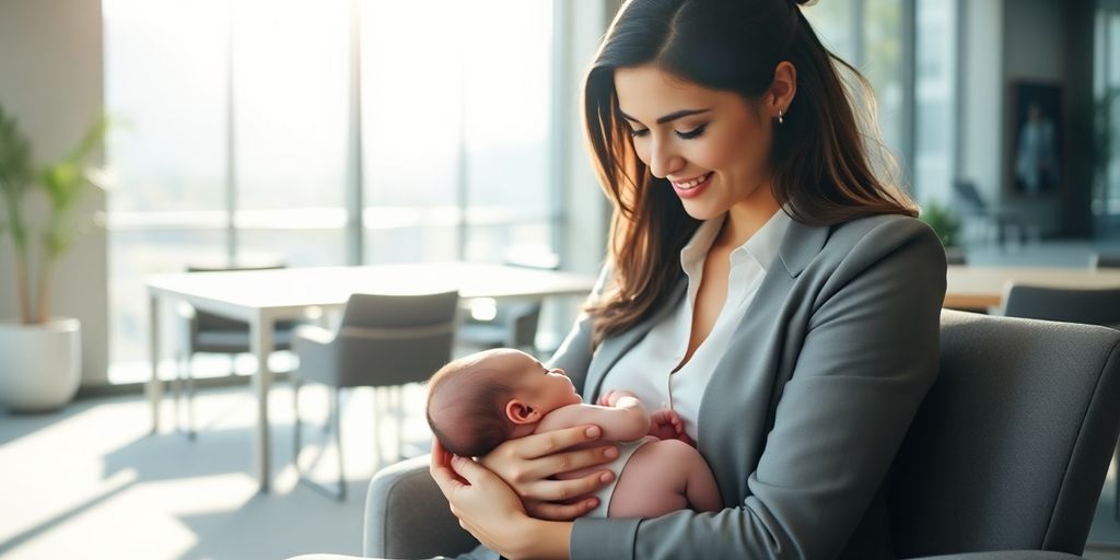 Mãe amamentando bebê recém-nascido no trabalho