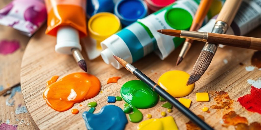 Tubes of oil paints, brushes, and palette.