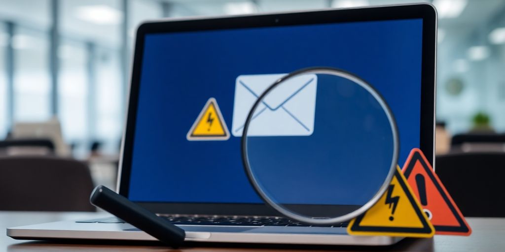 Laptop with a suspicious email and warning signs.