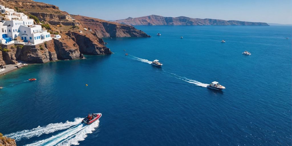 Tourists enjoying water activities in Santorini.
