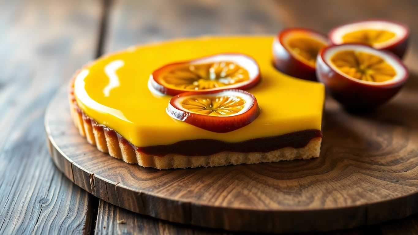 Torta de maracujá com camadas de chocolate.