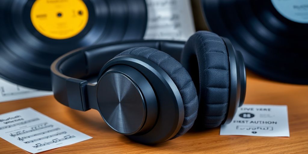 Hochwertige Bluetooth-Kopfhörer auf einem Holzuntergrund.