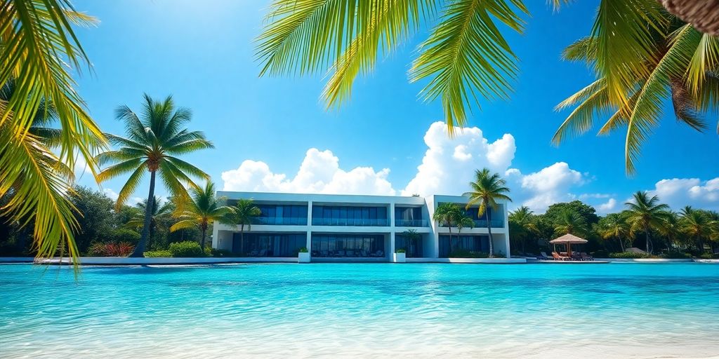 Tropical beach with modern clinic building
