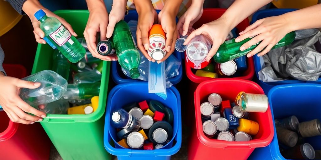 Hands sorting recyclables into bins.