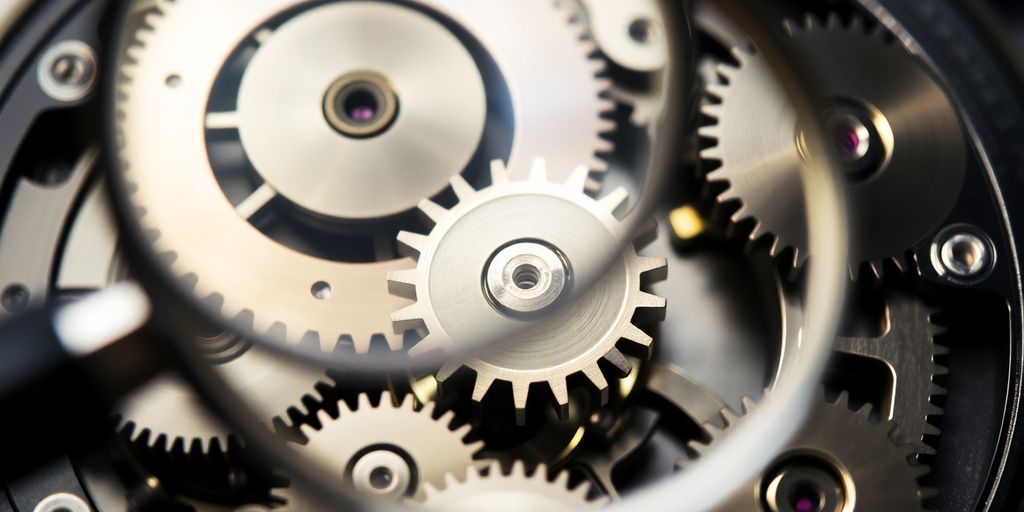Close-up of a magnifying glass over a complex mechanism.