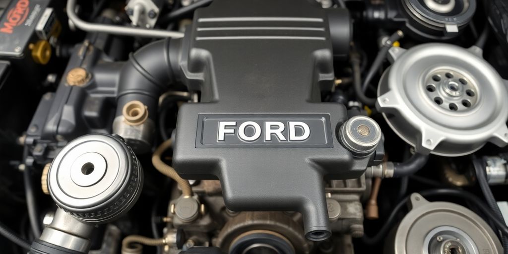 Ford engine components laid out on a clean workshop surface.