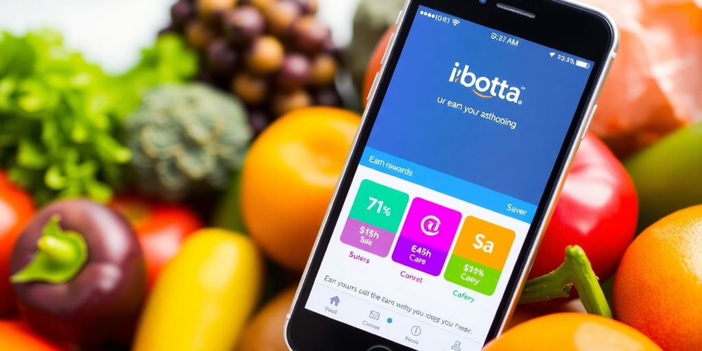 Smartphone with Ibotta app and groceries on table.