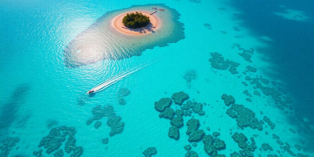 Turquoise lagoon with coral reefs and a distant island.