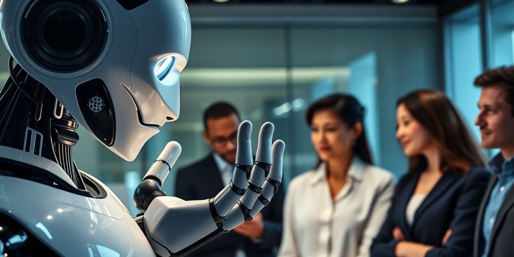 Robot prodavac sa veštačkom inteligencijom i ljudski kupci.