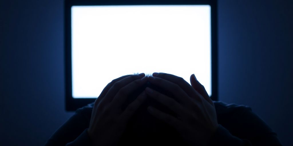 Personne frustrée devant un écran d'ordinateur vide.