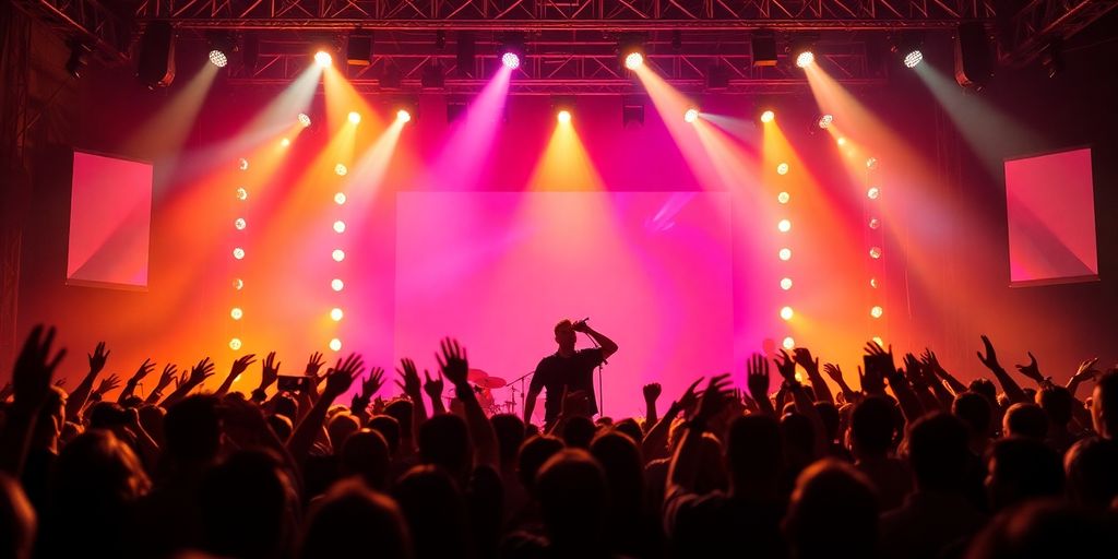 Energetic musicians performing on stage with vibrant lights.