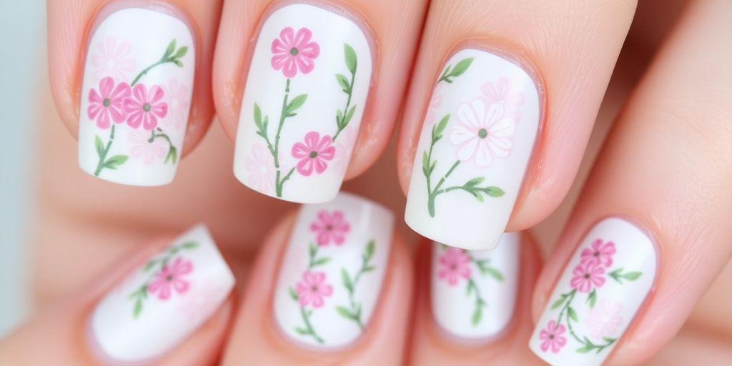 Unhas decoradas com florzinhas delicadas em cores suaves.
