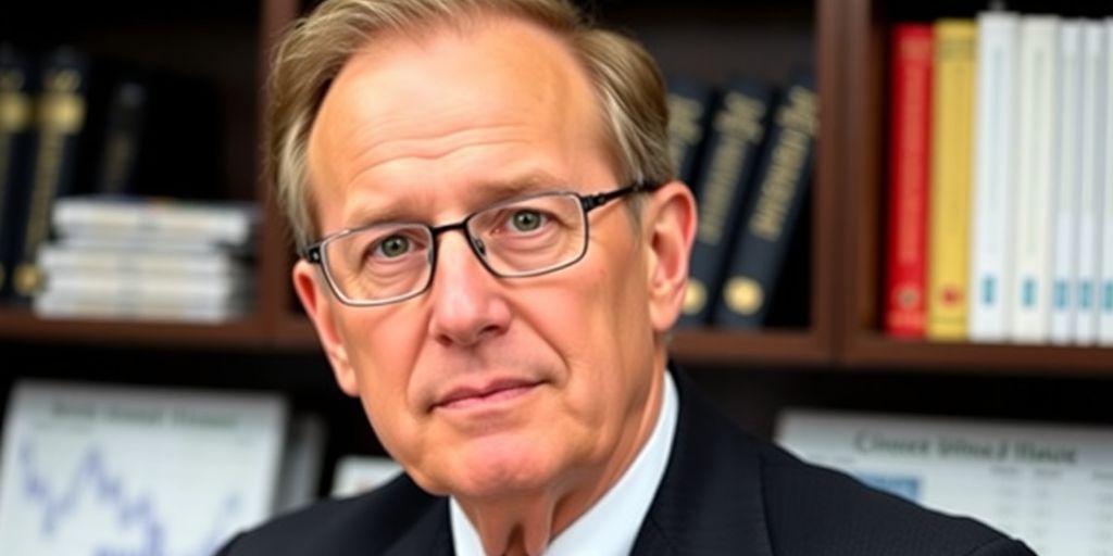 Larry Fink at his desk, surrounded by financial documents.